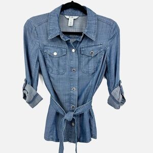 White House Black Market Chambray Denim Button Up Shirt with Belt XS